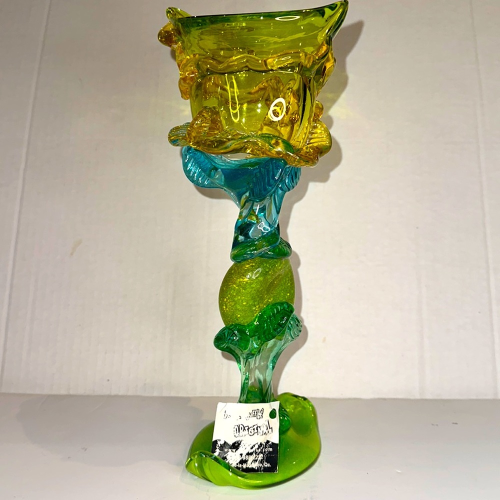 Hand blown Art glass cup/votive holder.  Made in QC.  10 Inches tall.